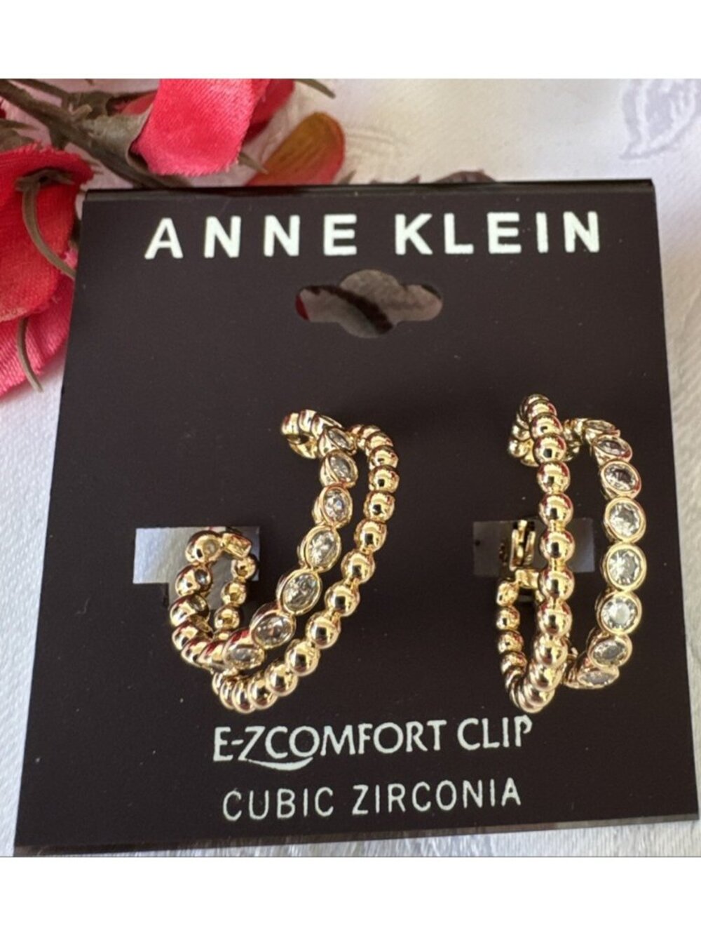 Anne Klein Textured Double Golden Hoop CZ Clip On Earrings Classic 1.25" NEW $28
